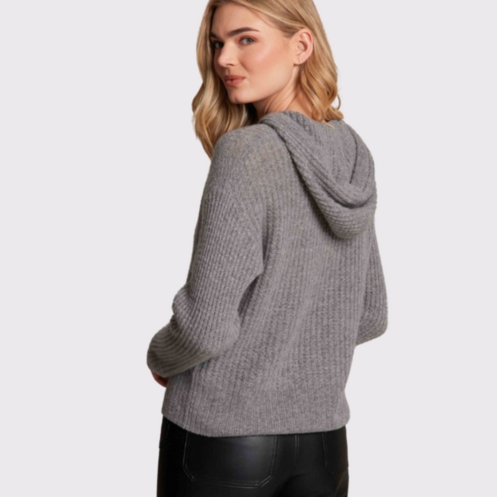 Alashan Cashmere Waffle Hoodie Grey Ribbed Kangaroo Pocket Drawstring Sz XSmall